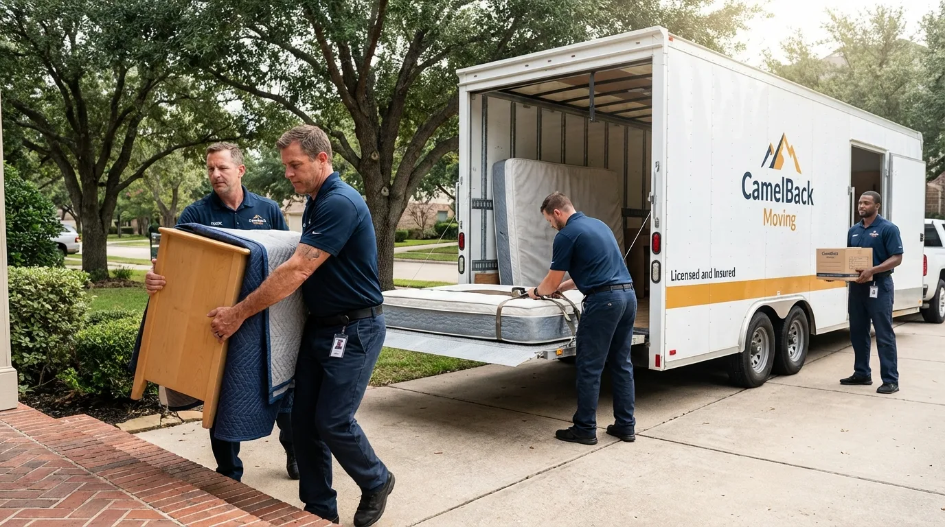 Crew loading residential truck for cross-state move from Freeport, FL