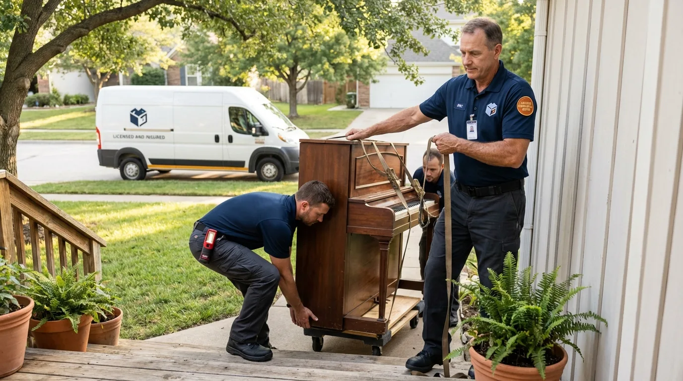 Licensed piano movers securing grand piano in Freeport, FL
