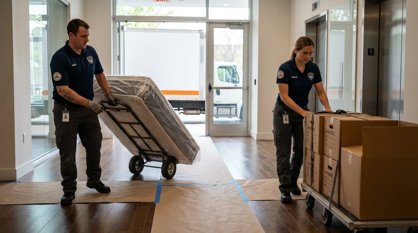 Professional apartment movers loading elevator in Freeport, FL